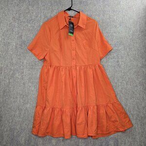 Shein Curve Womens Orange Collared Short-Sleeve Tiered Dress OXL